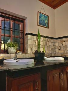 a bathroom with two sinks and two potted plants at Diyon Bungalow in Bandarawela