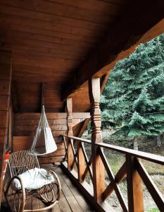 a porch of a log cabin with a hammock at Cabana Kraus in Valea Vişeului