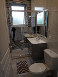 La salle de bains est pourvue de toilettes, d'un lavabo et d'un miroir. dans l'établissement MON PETIT COIN DE PARADIS, à Puyoô