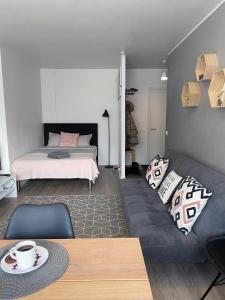 uma sala de estar com um sofá e uma cama em Scandinavian Home 17 city Center Työmiehenkatu 2B em Helsínquia