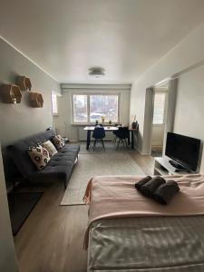 uma sala de estar com uma cama e um sofá em Scandinavian Home 17 city Center Työmiehenkatu 2B em Helsínquia
