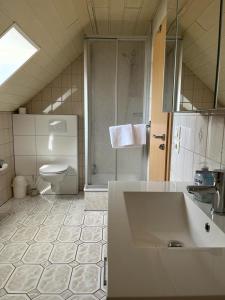 La salle de bains est pourvue d'un lavabo, de toilettes et d'une douche. dans l'établissement Altes Gasthaus Leuna Pension, à Leuna