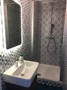 La salle de bains est pourvue d'un lavabo et d'une douche. dans l'établissement KER HUELLA - Saint-Pabu, à Saint-Pabu
