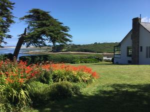 dom z kwiatami w ogrodzie z drzewem w obiekcie KER HUELLA - Superbe vue mer et accès plage privé w mieście Saint-Pabu