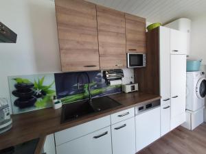 una cocina con armarios blancos y fregadero en Brunnalm Ski - Ferien Apartment - Veitsch - max 6 Person, en Niederaigen