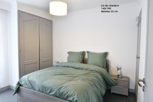 1 dormitorio con 1 cama con edredón verde en CONFORTABLE T2 AVEC PARKING PRIVE AU CENTRE de BRIVE en Brive-la-Gaillarde