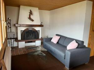 uma sala de estar com um sofá e uma lareira em Wohnung in Bergchalet em Flums