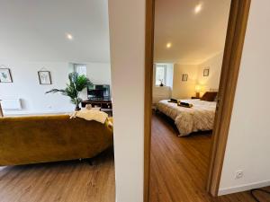 Habitación con vistas a un dormitorio con cama y espejo. en Domaine des Hugons en Prignac-et-Marcamps