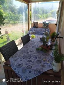 a table with a blue and white table cloth on it at Paleros vacation in Paleros +8 photos