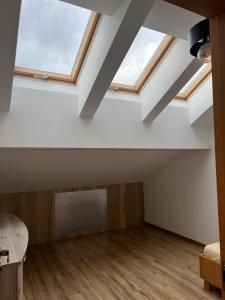 an attic room with skylights and wood floors at Apartament Tarnów Klimeckiego 11 in Tarnów