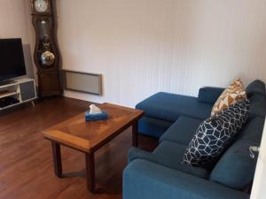 uma sala de estar com um sofá azul e uma mesa de centro em Logis Letellier em Salies-de-Béarn