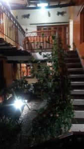 un edificio con escaleras y plantas y una persona en motocicleta en Wayras Hostal, en Ollantaytambo