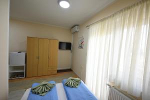 a bedroom with a blue bed and a large window at LM Rooms in Banja Luka