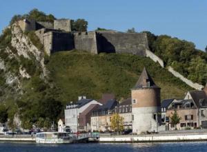 a castle on a hill next to a body of water at Appartement tout confort dans une résidence calme in Givet