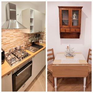 2 fotos de una cocina con fogones y mesa en La casa nel vicolo, en Bracciano
