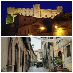 two pictures of a castle at night and a street at La casa nel vicolo in Bracciano