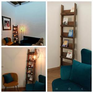 dwa zdjęcia salonu z niebieskim krzesłem w obiekcie La casa nel vicolo w mieście Bracciano