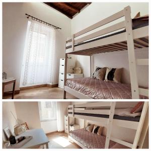 two pictures of a bedroom with bunk beds at La casa nel vicolo in Bracciano