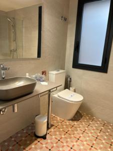 a bathroom with a sink and a toilet and a mirror at Hostal Cal Pericas in La Pobla de Lillet