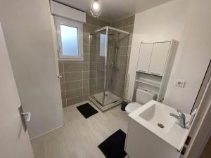 een badkamer met een douche, een wastafel en een toilet bij Le Chaleureux, accueillant, gare, parking gratuit in Le Mans