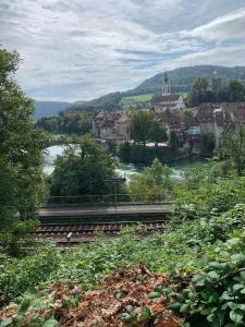 una vista de una ciudad con un río y una vía de tren en Appartement Martha, en Laufenburg