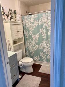 ein Bad mit einem Duschvorhang und einem WC in der Unterkunft Kokomo- Canal front 2b/1bath home in Big Pine Key