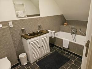 ein Badezimmer mit einem Waschbecken und einer Badewanne in der Unterkunft Eyckenmolen B&B in Lierde