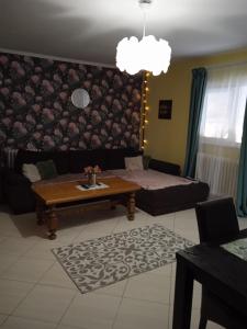 sala de estar con sofá y mesa de centro en Vila Sabo- Casa de vacanta cu lac de pescuit si ciubar cu hidromasaj en Sîntioana