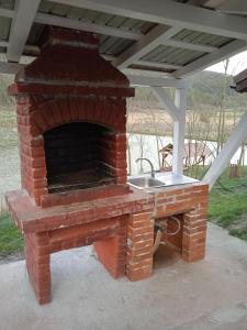 een bakstenen oven met een wastafel op een patio bij Vila Sabo- Casa de vacanta cu lac de pescuit si ciubar cu hidromasaj in Sîntioana