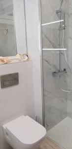 a bathroom with a toilet and a glass shower at la casa de isa en aveiro in Aveiro