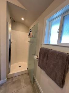 baño con ducha y puerta de cristal en The Midtown Cottage- w/ Private Entrance and Views, en Santa Cruz