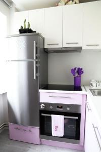 Il comprend une cuisine équipée d'une cuisinière rose et d'un réfrigérateur. dans l'établissement Magnolia apartment, à Liepāja