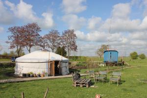 een yurt in een veld met een tafel en stoelen bij Todo se pasa Yurt in Sauwerd