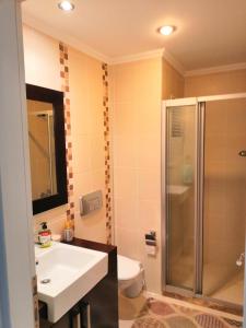 een badkamer met een wastafel, een douche en een toilet bij Mirage recidenc 1 in Side