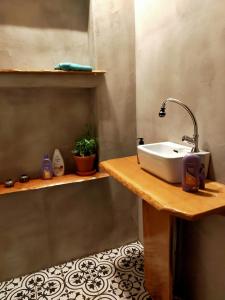 een badkamer met een wastafel op een houten aanrecht bij Todo se pasa Yurt in Sauwerd