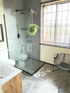 a bathroom with a glass shower and a toilet at Kerriston Guest House in Mooirivier