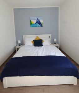 1 dormitorio con 1 cama grande con sábanas azules y blancas en Brunnalm Ski - Ferien Apartment - Veitsch - max 6 Person en Niederaigen