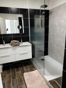 La salle de bains est pourvue d'une douche en verre et d'un lavabo. dans l'établissement Nouveauté Sunset appart vue exceptionelle, à Saint-Denis
