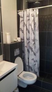 a bathroom with a toilet and a shower curtain at Apartament Wake&kite in Rewa