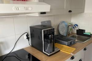 a kitchen counter with a coffee maker on a counter top at Apartament Heniokite in Rewa