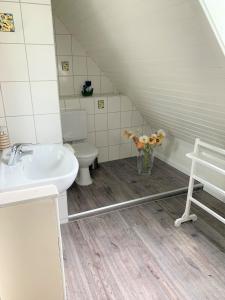 a bathroom with a sink and a toilet at Gästehaus Stöhr - Ihre Ferienwohnungen mit großem Garten und direktem Seezugang in Öhningen