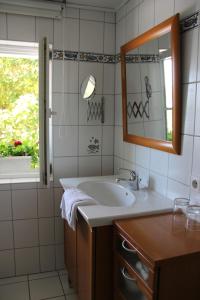 a bathroom with a sink and a mirror and a window at Gästehaus Stöhr - Ihre Ferienwohnungen mit großem Garten und direktem Seezugang in Öhningen
