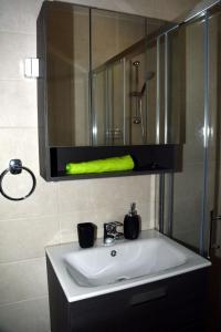 lavabo con espejo y toalla verde en Hiša v Travniku, en Šmartno