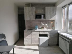 a kitchen with a sink and a microwave at Посуточно мини-студия метро Дорогожичи Киев in Kyiv