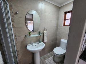 ein Badezimmer mit einem Waschbecken, einem WC und einem Spiegel in der Unterkunft Cozy and Comfort in Harrismith