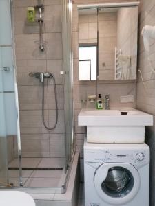 a bathroom with a shower and a washing machine at Посуточно мини-студия метро Дорогожичи Киев in Kyiv