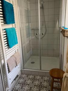 a bathroom with a shower with blue towels and a stool at Altes Winzerhaus Lenz in Pünderich