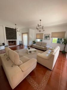 uma sala de estar com dois sofás e uma lareira em Oliva House em Lagos