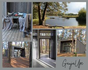 a collage of four pictures of a house and a window at GaujaUpe 2 in Gauja