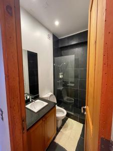 ein Bad mit einem WC, einem Waschbecken und einer Dusche in der Unterkunft Casa Farellones in Farellones